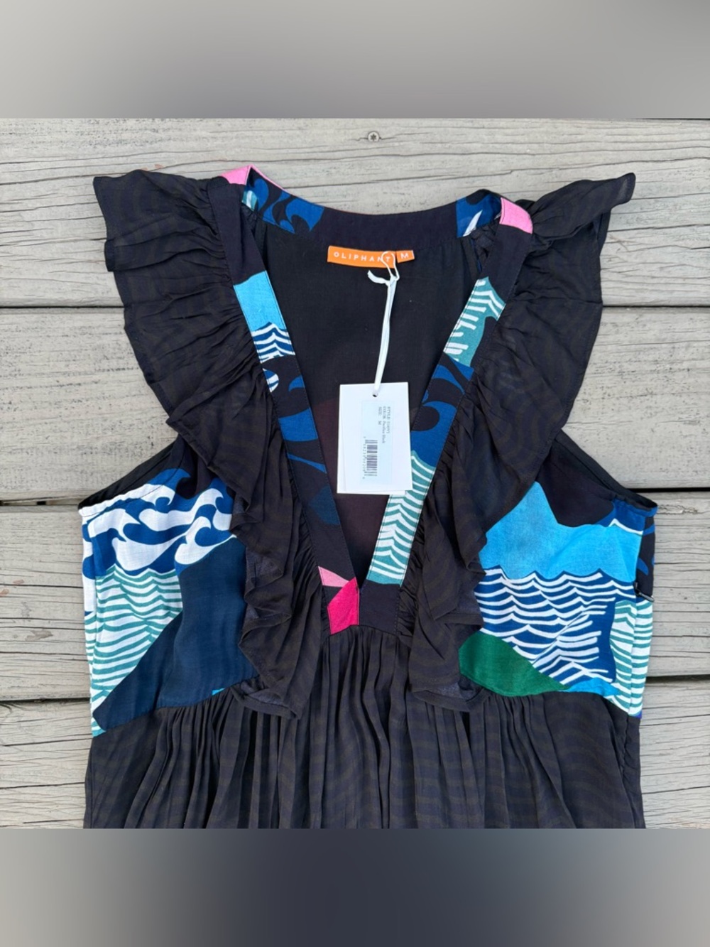 NWT Oliphant Ruffle V-Neck Maxi Dress in Pacifica Waves Print Size M - Picture 3 of 15
